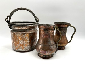 lot 330 image: Vintage Hand Crafted Copper and Metal Pot with Handle and Pair of Pitchers - Souk Istanbul, Turkey