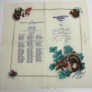 lot 300 image: Vintage 1941 WWII Thanksgiving Dinner Menu Napkin Placemat Company D14 40th Armored Regiment
