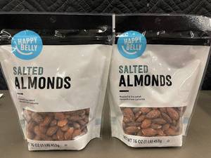 lot 44 image: 2 Bags of Happy Belly Salted Almonds, 16 oz Each, Roasted & Sea Salted
