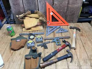 lot 120 image: Group Carpenters Tools - Pouch - Hammers - Squares - Tape Measurer