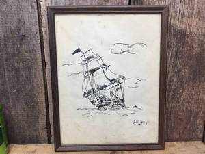 lot 172 image: Vintage Sailing Ship Sketching - Signed