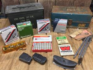 lot 203 image: Group Ammo - Clips - Parts - Cleaning - Ammo Box
