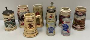 lot 59 image: Misc. Vintage Beer Related Steins Including Budweiser, Leinenkugels, Miller, Strophs & More