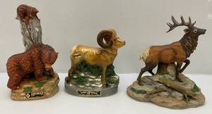 lot 73 image: Three Misc. Wildlife Collectible Decanters Including Grizzly Bear With Cub, Elk & Ram (Empty)