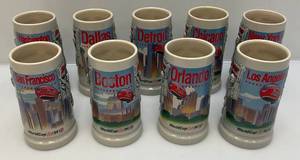 lot 188 image: Nine Budweiser World Cup Soccer U.S. City Steins Including Dallas, Detriot, Chicago & More In Original Case