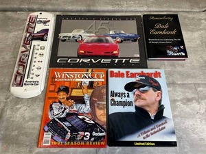 lot 39 image: Celebrating 50 Years Corvette Thermometer (5 x 17), Dale Earnhardt Books, and 45th Anniversary Corvette Metal Wall Sign