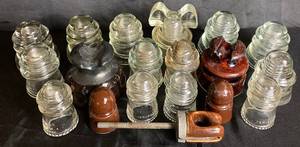 lot 65 image: Vintage Clear Glass and Brown Pole Insulator From Hemingray, Locke Hi-Top77, Armstrong, Whitall Tatum, Hubbard and Hemingray Mouse Ears Insulator