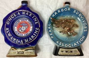 lot 26 image: Vintage Jim Beam Whiskey Decanters- 1976 Pearl Harbor Survivors Association and Marine Corps League