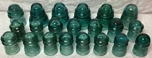 lot 64 image: Vintage Teal Glass Insulators- Hemingray, Brookfield NY, H.C. CO., American Telephone & Telegraph and O.V.C. Co