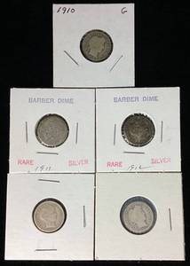 lot 3 image: Five (5) Silver Barber Dimes