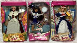 lot 106 image: Barbie Collection - Pilgrim Barbie, Colonial Barbie and University Barbie-Florida Gators