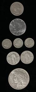 lot 1 image: American Silver Coins - 1934 Peace Dollar, 1964 JFK Half Dollar, (2) Standing Liberty Quarters 1928 & 1925, 1954 Washington Quarter and (3) Roosevelt Dimes 1946, 1947, 1950