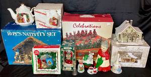 lot 152 image: Vintage Christmas Collection includes Nativity, Chess Set, Mrs. Claus, Currier & Ives Cabin and more
