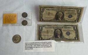 lot 9 image: Collection of Silver Certificate Dollars and Silver Coins