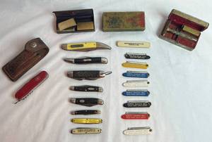 lot 18 image: Vintage Folding Knives, Box Cutters, Swiss Army Knife and Shaving Razors