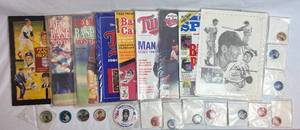 lot 19 image: Vintage Baseball Bundle of MN Twins Programs, Beckett Baseball Monthly, Baseball Pins and Topps Metal Coins