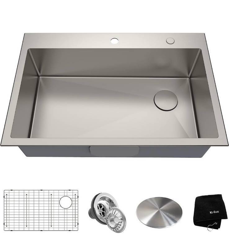 lot 7 image: Brand New KRAUS 33 x 22 inch Drop-In Top Mount Standart PRO Single Bowl 2-Hole Stainless Steel Kitchen Sink Set  T