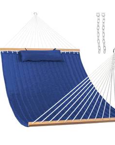 lot 147 image: New Lazy Daze 12 FT Double Quilted Fabric Hammock with Spreader Bars and Detachable Pillow, 2 Person Hammock $74.99 Retail B
