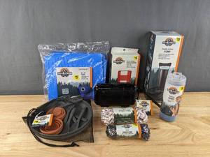 lot 61D image: Brand New Assorted Path and Stream Camping and Outdoor Items Tarp, Camping Mess Kit, Double Action Pump, Cooling Towel, Table Cloth, Utility Cords and WaterTight Case  B