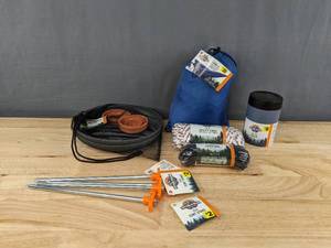 lot 342 image: Brand New Path and Stream Camping Items 1 Person Hammock, Camping Mess Kit, Can Cooler, Utility Cords and Tent Stakes D