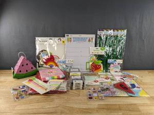 lot 815 image: Brand New Assortment of Craft and Party Supplies Mini Decorative Pinata, Photo Props, Ink Pads, Craft Felt, Bucket List Dry Erase Board, Puffy Stickers and More D