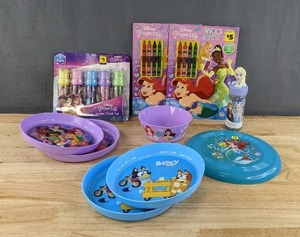 lot 56D image: Brand New Disney Princess Activity and Coloring Books, Jumbo Chalk Set, Dishes, Frisbee and Bluey Dishes D