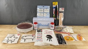 lot 102D image: Lot of 20 Brand New Kitchen and Grill Themed Items BBQ Tool Hooks, Hand Towels, Bottle Openers, Coasters, Pot Holders, Bread Box, Plates, Glad 8 Chef Knife, Basket Tags and More D