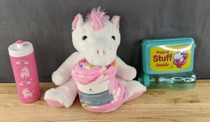 lot 201 image: Brand New Plastic Shine Bright Water Bottle, Comfort Bay Plush with Throw Blanket and Unicorn Plastic Lunch Box with Drink Bottle D