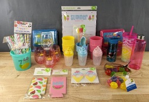 lot 347 image: Brand New Drink Holder, Novelty Glasses, Reusable Ice Cubes, Paper Straws, Cups, Dry Erase Board, Lunch Boxes and More D