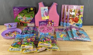 lot 207 image: Brand New Child Googles, Beach Ball, Arm Bands, Life Vest, Disney Princess Kids Tableware, Water Balloons, Coloring & Activity Book and Play Pool D