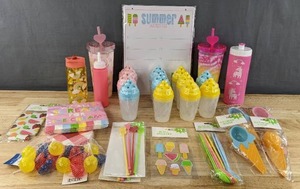 lot 211 image: Brand New Drink Holder, Drink Straws, Ice Cream Scoops, Sundae Spoons, Squeeze Bottle, Reusable Ice Cubes, Napkins, Sprinkle Shaker Dispensers, Etc. D