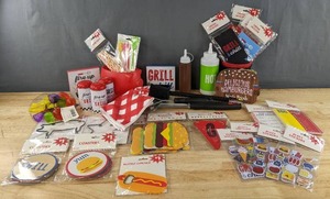 lot 209 image: Brand New Coasters, Bottle Opener, Banners, BBQ Tools, Puffy Stickers, Paper Games, Straws, Squeeze Bottles, Drink Holders, Grill Decorative Word Blocks, Etc. D