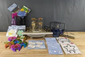 lot 327 image: Brand New Large Assortment of Home Decor Items Decorative Pot Hangers, Beelieve Metal Sign, Welcome Wire Sign, Basket Tags, Shaped Hook Decor and More D
