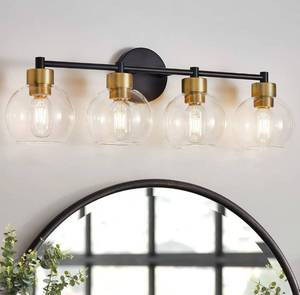 lot 849 image: Brand New Diniluse Black and Gold 4 Light Vanity with Clear Globe Glass Shades B