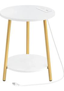 lot 859 image: New Hoobro Round End Table with Charging Station, 2-Tier Small circle Side Table in White and Gold $49.99 Retail B