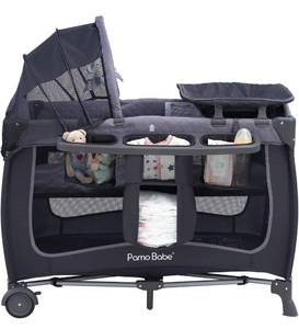 lot 13 image: Brand New Pamo Babe Portable Baby Nursery Center Play Yard with Wheels Grey $139.99 Retail B