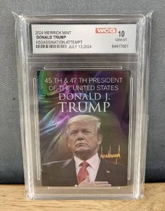 lot 33L image: Brand New 2024 Merrick Mint Donald Trump Assassination Attempt Pledge Gem Mint 10 Graded Card O