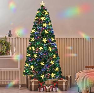 lot 119 image: New Juegoal 7ft Pre-Lit Artificial Christmas Tree, Lighted Optical Fiber Xmas Trees with Warm White Large Stars & Color Changing Optical Fiber Lights, with Metal Legs $89.99 Retail B