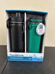 lot 59 image: New 2 Pack of Thermo Flasks - 24 oz Black and Green Cofee Mug  Water Bottles