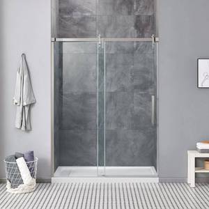 lot 8 image: Ove Decors Sheffield 60 Satin Nickel Shower Door ALCOVE SATIN NICKEL FINISH. 8 MM THICK TEMPERED GLASS - Retail $879.99