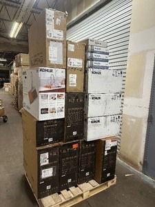 lot 15 image: Pallet Containing Kohler Kitchen Sinks & Faucets  Hauslane Professional Hood Vents, Moen Kitchen Faucets, & Acona Hood Vents - Retail $5662.49