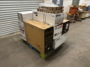 lot 54 image: Pallet Containing 3 Kohler Pro Inspired Kitchen Sink Kits, 2 Kohler Lir Kitchen Faucets & 2 Hauslane Professional Hood Vents - Retail $2458.69