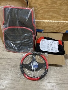 lot 129 image: Red & Black Floor Mats, Seat Covers, and Steering Wheel Cover - Universal Fit