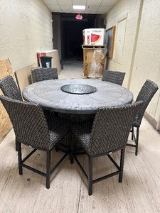 lot 3 image: AGIO Park Falls 7PC High Dining Set with Fire Table - Very Nice Patio Set - Few Missing Tiles on edge of table - Retail $1999 