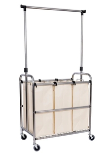 lot 48 image: Seville Classics Rolling 3-Bag Steel Laundry Sorter w Hanging Bar