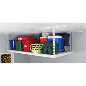 lot 66 image: New SafeRacks Overhead Garage Storage Shelf  Rack Combo Kit, 4 ft. x 8 ft. Racks, Deluxe Hook Accessory Pack - White  - Minor Shipping Damage 1 Corner - OK