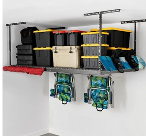 lot 78 image: New SafeRacks Overhead Garage Storage Shelf  Rack Combo Kit, 4 ft. x 8 ft. Racks, Deluxe Hook Accessory Pack - Hammertone  Grey