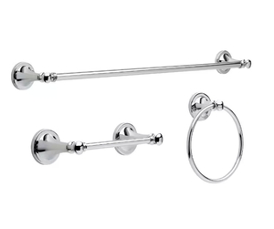 lot 170 image: New Delta Silverton 3-Piece Bath Hardware Set with 24 in. Towel Bar, Toilet Paper Holder, Towel Ring in Polished Chrome (2 Boxes)