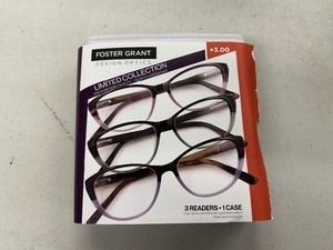 lot 235 image: Open Box New 3 Pack of Design Optics By Foster Grant Limited Collection Reading Glasses 3.00