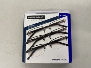 lot 230 image: Open Box New 3 Pack of Design Optics By Foster Grant Metal Reading Glasses 2.50